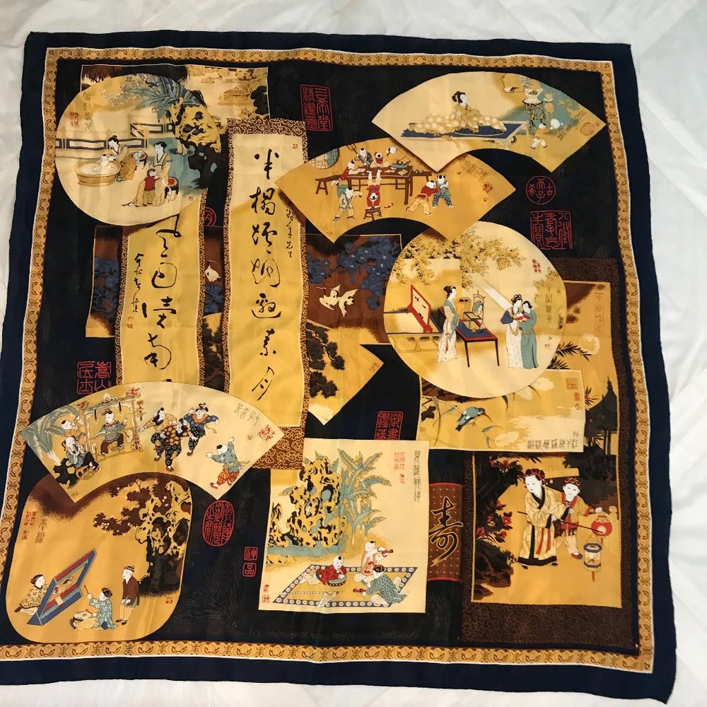 Vintage Beautiful Japanese theme 100% Silk scarf/large wrap 46" x 46"